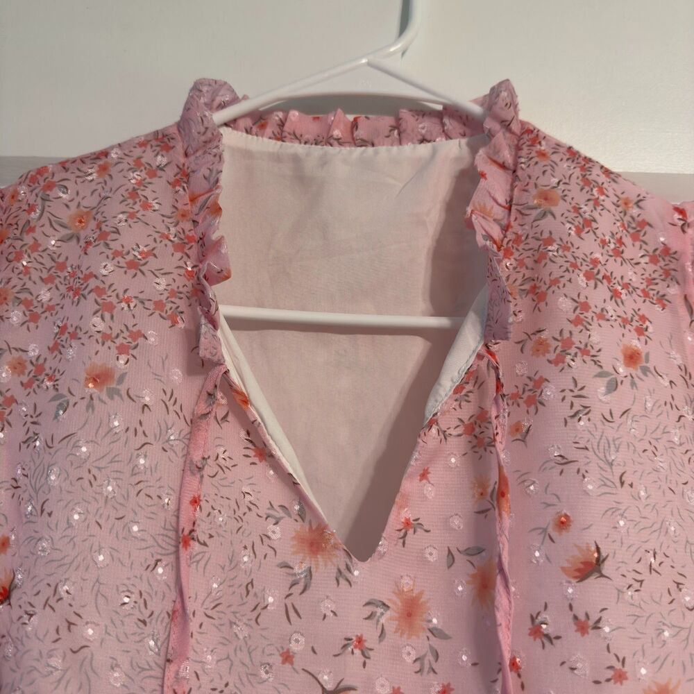 Women’s Pink Sleeveless Sheer Floral Ruffle Tie Neck Blouse Top Size Small - Picture 9 of 13